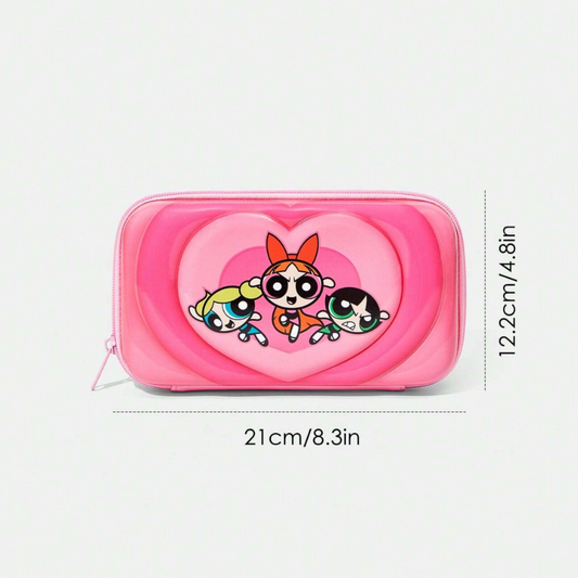 Powerpuff Girls Pink Cartoon Figure Heart Pattern Zipper Cosmetic Makeup Bag